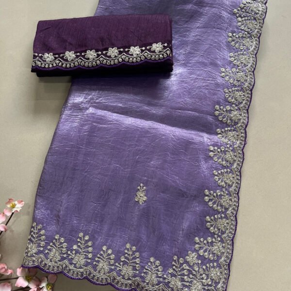 Pitta Work Soft Metallic Crush Organza Saree