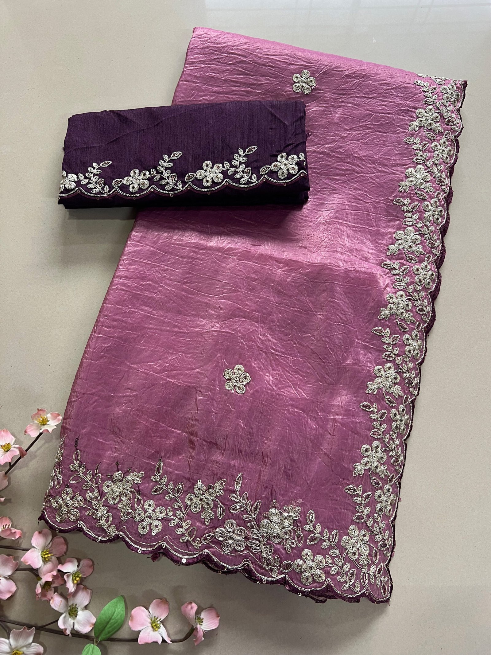 Pitta Work Soft Metallic Crush Organza Saree