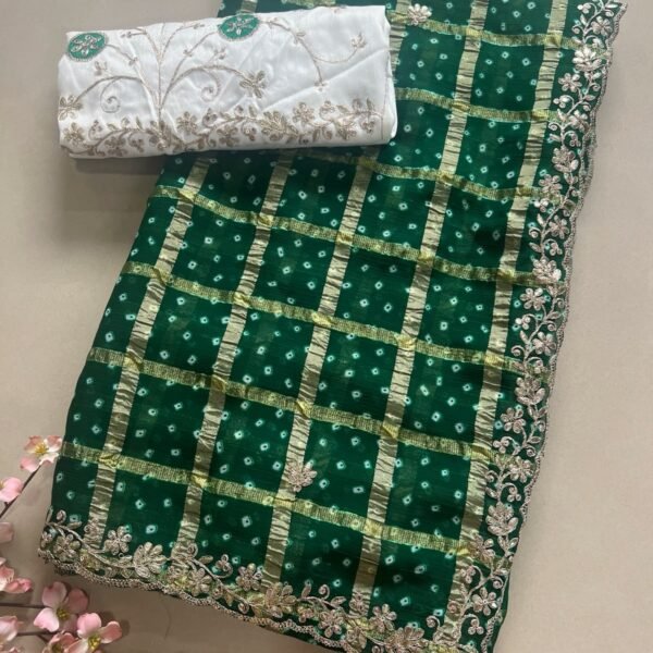 Heavy White Blouse Green Bandhej Chiffon Saree