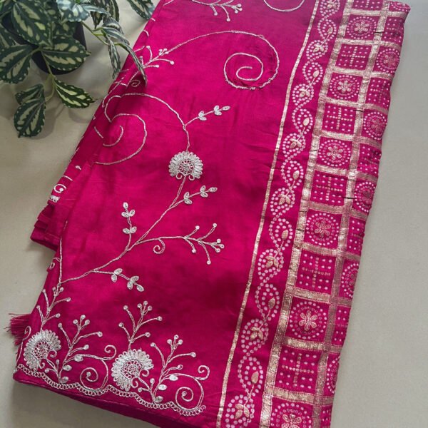 PINK Heavy Pallu Pitta Work Rayon Viscous Saree