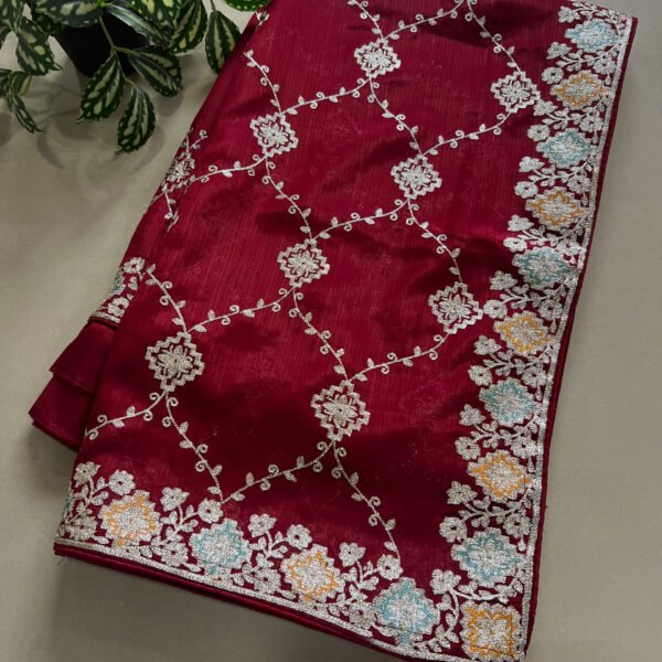 MAROON Pitta Work Soft Shimmer Organza Saree