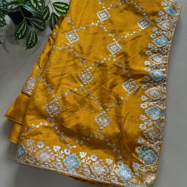 YELLOW Pitta Work Soft Shimmer Organza Saree