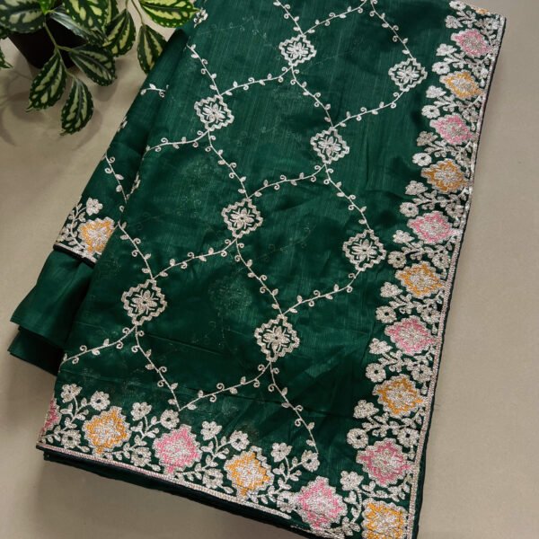 GREEN Pitta Work Soft Shimmer Organza Saree