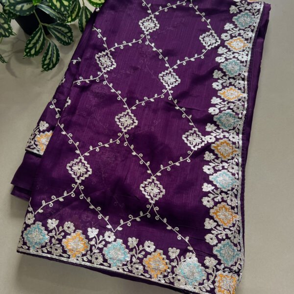 PURPLE Pitta Work Soft Shimmer Organza Saree