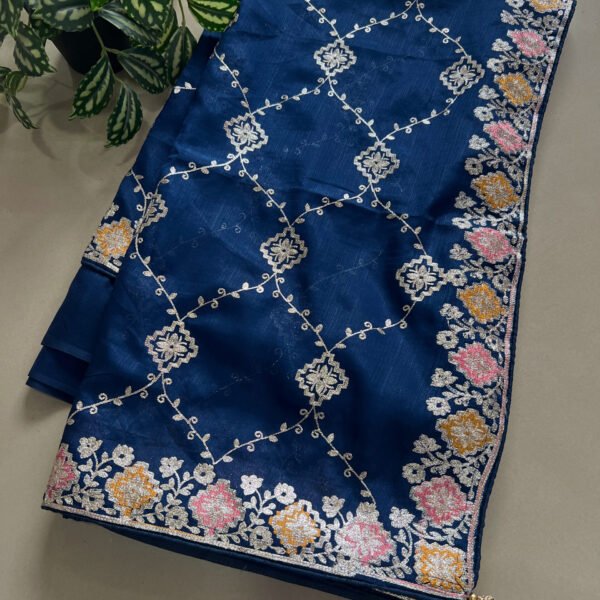 DARK BLUE Pitta Work Soft Shimmer Organza Saree