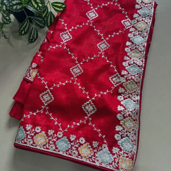 RED Pitta Work Soft Shimmer Organza Saree