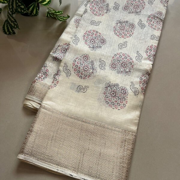 Off White Printed Semi Dola Silk Saree