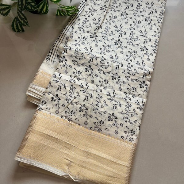 Off White Printed Semi Dola Silk Saree