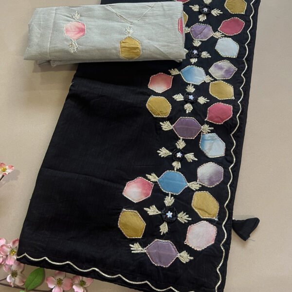 Black Patch Work Cotton Saree