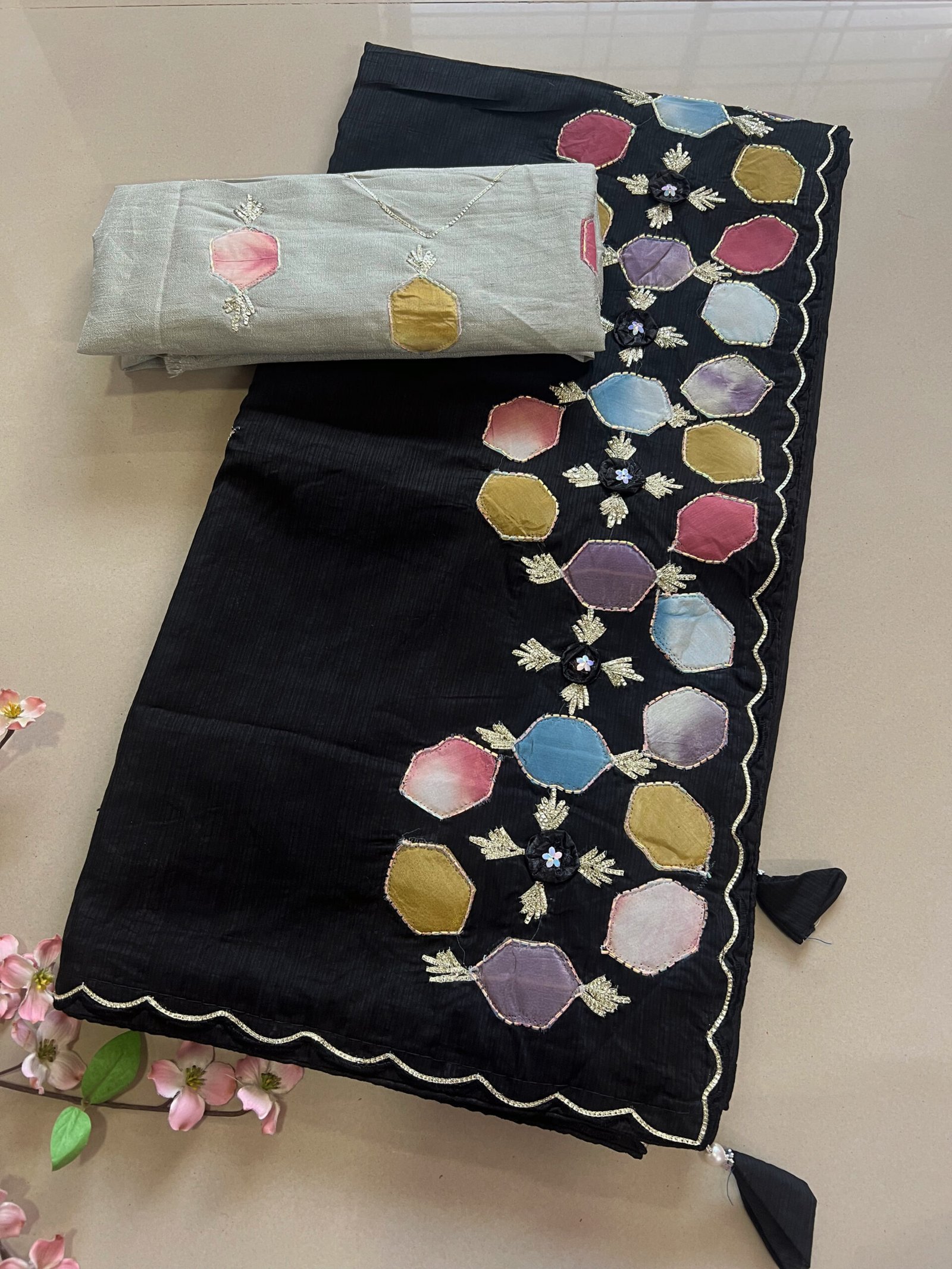 Black Patch Work Cotton Saree