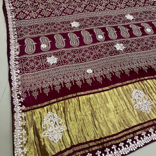 Maroonish Wine Pure Gajji Modal Silk Lakda Pallu Gotta Work Sarees
