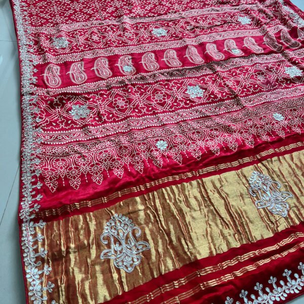 Red Pure Gajji Modal Silk Lakda Pallu Gotta Work Sarees