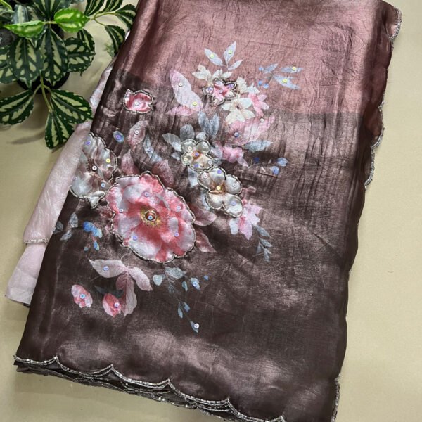 Floral Print Soft Shimmer Satin Silk Hand Work Saree