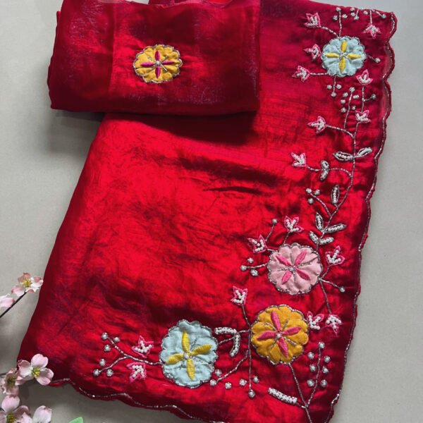 Red Shimmer Hand Work Saree