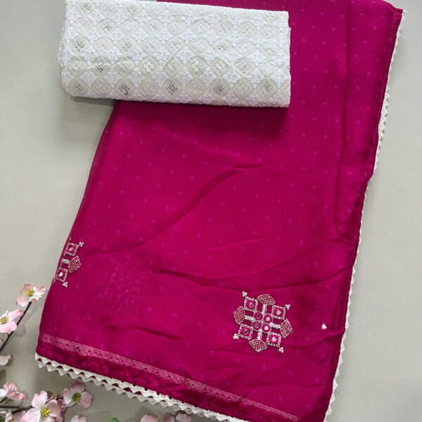 Light Work Chiffon Sarees with Contrast Off White Work Blouse