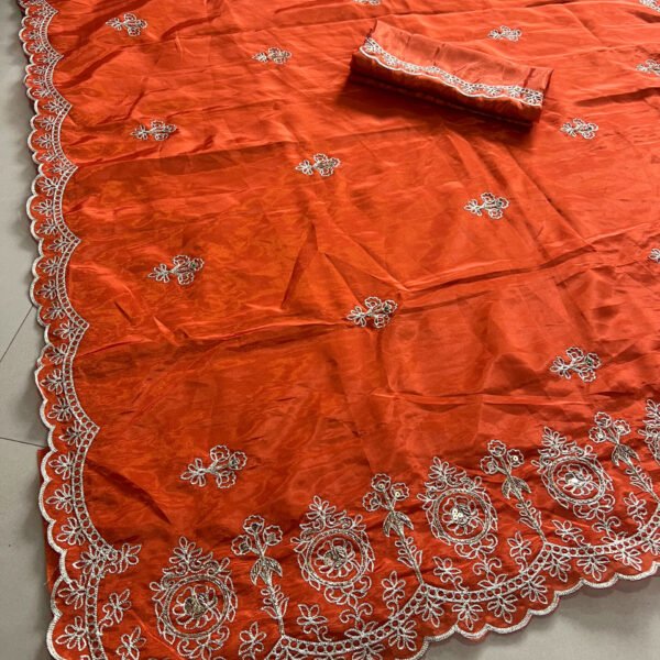 Rust Color Beautiful Pallu Cut Work Border Ho Silk Sarees