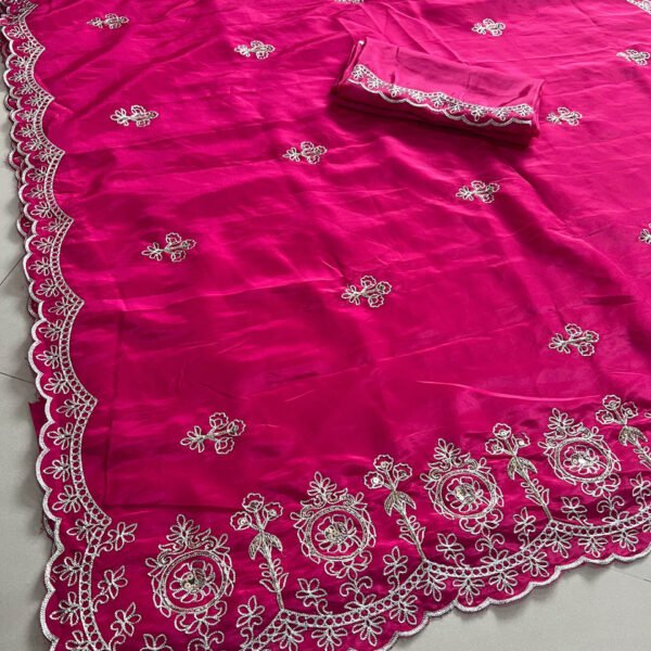 Pink Color Beautiful Pallu Cut Work Border Ho Silk Sarees
