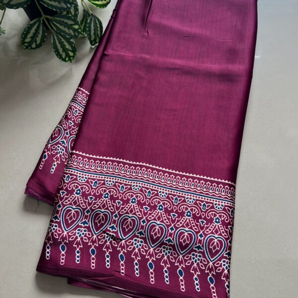 Crepe Satin Silk Plain Saree with Ajrak Pallu