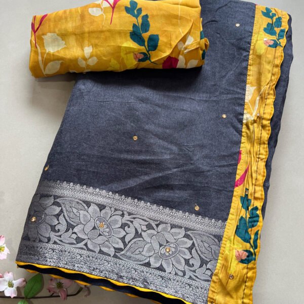 Printed Yellow Blouse Grey Cotton Silk Saree