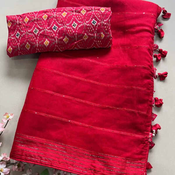 Printed Blouse Red Plain Soft Cotton Saree
